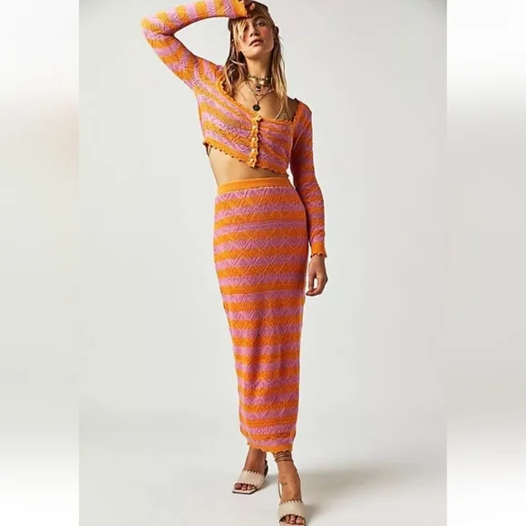 NWT Free People Benny Knit Skirt Set In Pink Orange Size XS - Picture 1 of 7